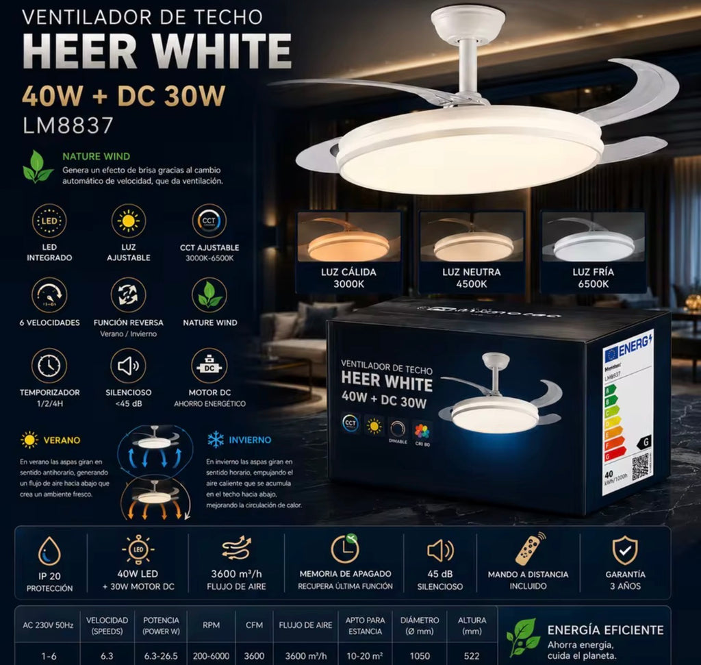 Ventilador de Techo con Luz LED y Aspas Retráctiles
