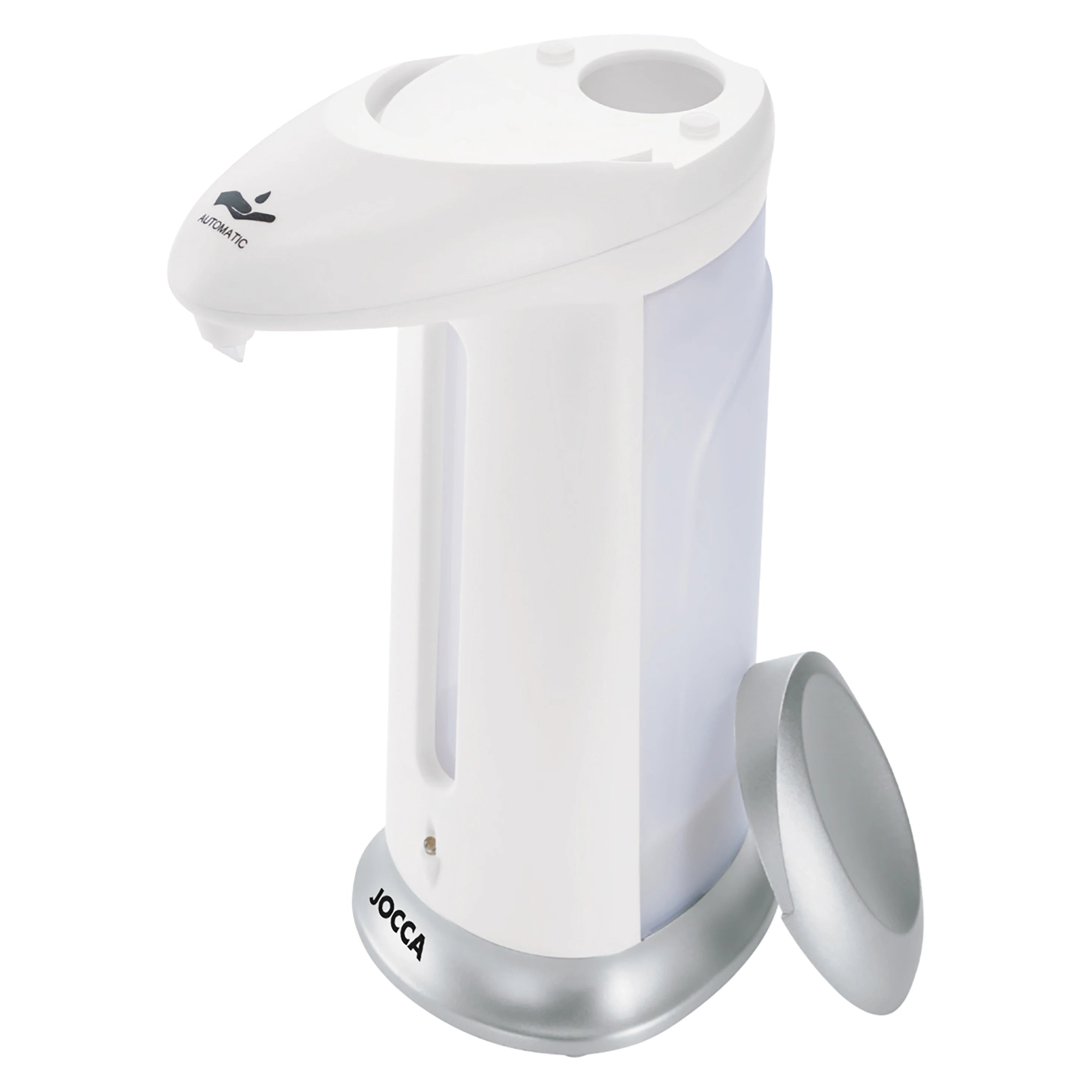 Dispensador Jocca de jabón automático compatible con todo tipo de jabón, gel hidroalcohólico o lavavajillas. Funciona con sensor infrarrojo para controlar la salida del jabón.