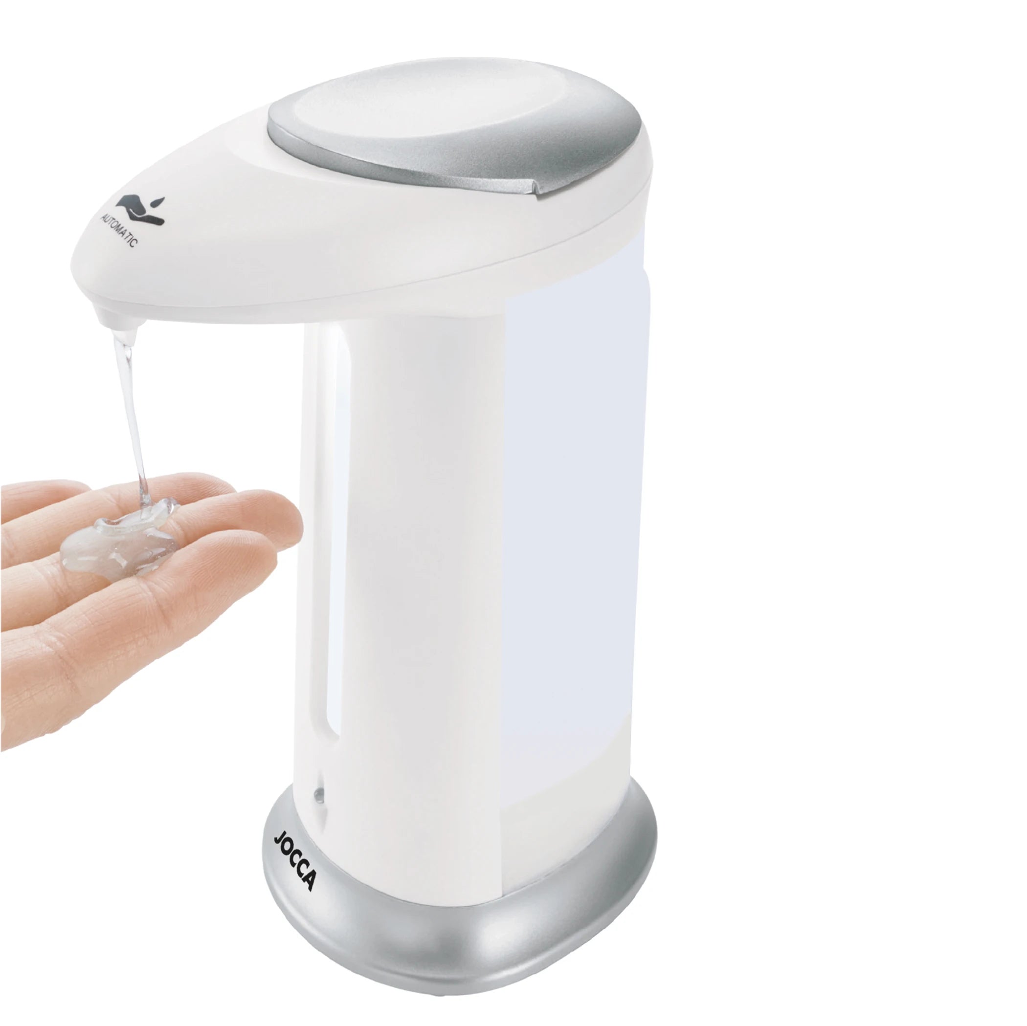 Dispensador Jocca de jabón automático compatible con todo tipo de jabón, gel hidroalcohólico o lavavajillas. Funciona con sensor infrarrojo para controlar la salida del jabón.