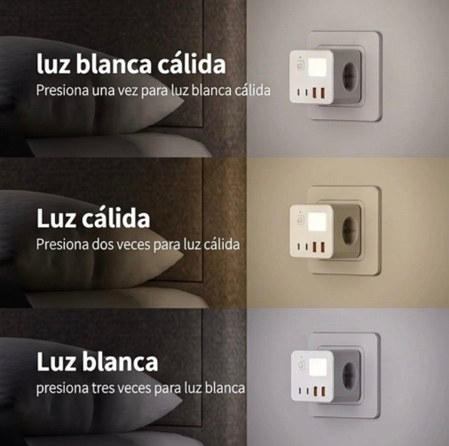 1 regleta UE, 3 enchufes de CA, 2 puertos USB y 2 puertos tipo C y con una pequeña luz nocturna de 3 colores.