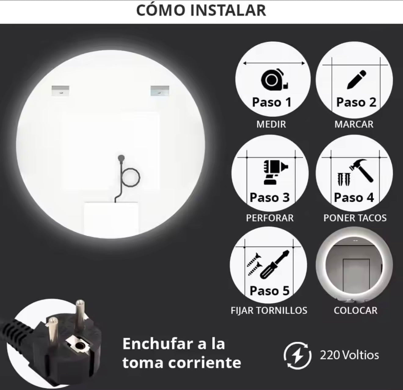 Espejo de Baño con Luz LED Regulable en 3 Colores - Espejo de Pared ANTIVAHO con Ajuste de Brillo y Memoria - Interruptor Táctil y Retroiluminación Inteligente