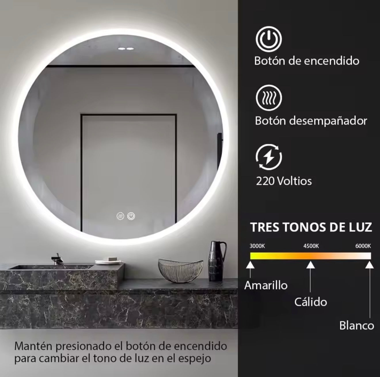 Espejo de Baño con Luz LED Regulable en 3 Colores - Espejo de Pared ANTIVAHO con Ajuste de Brillo y Memoria - Interruptor Táctil y Retroiluminación Inteligente