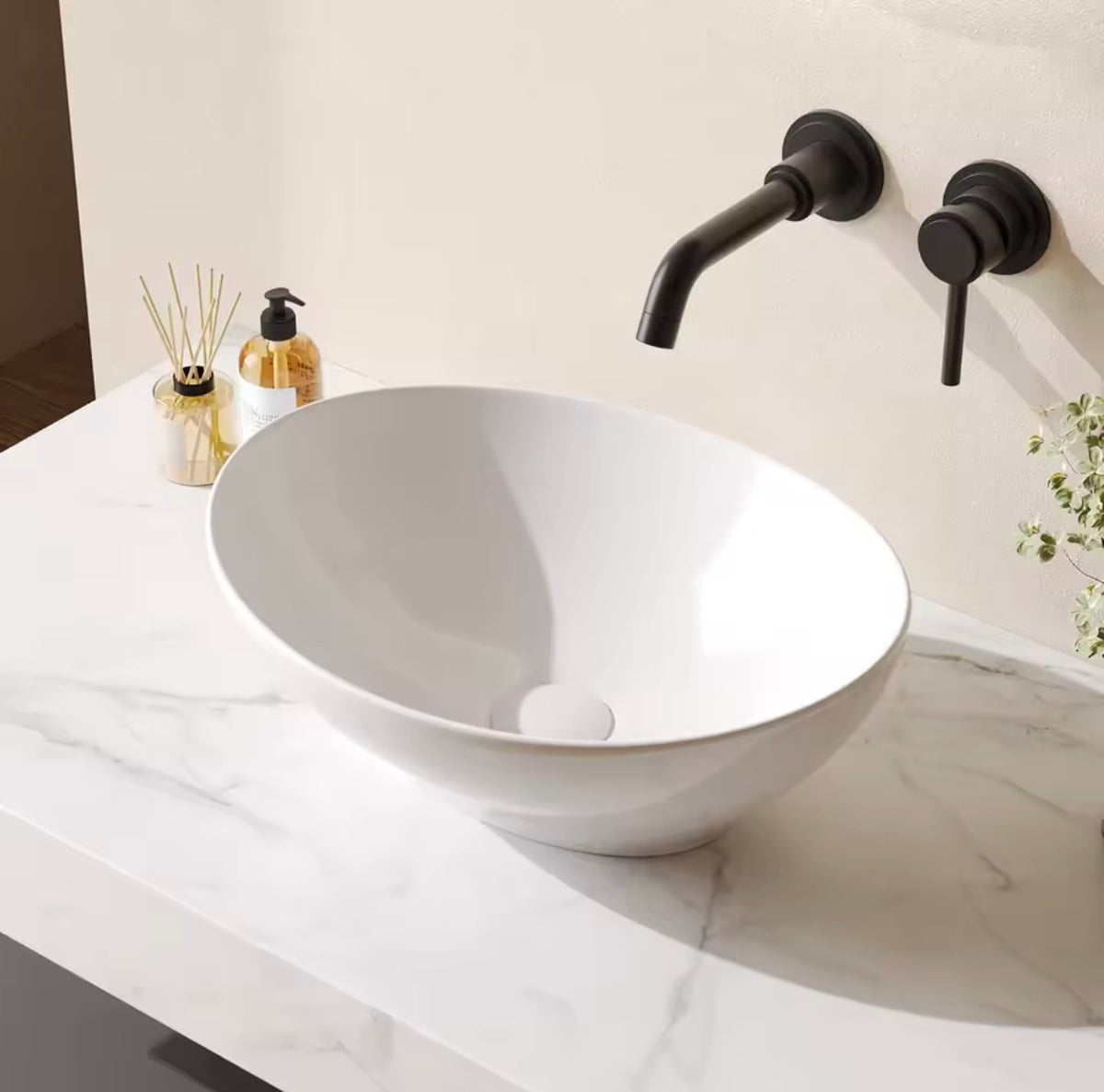 Lavabo de Cerámica Ovalado Sobre Encimera (40 x 33 cm)