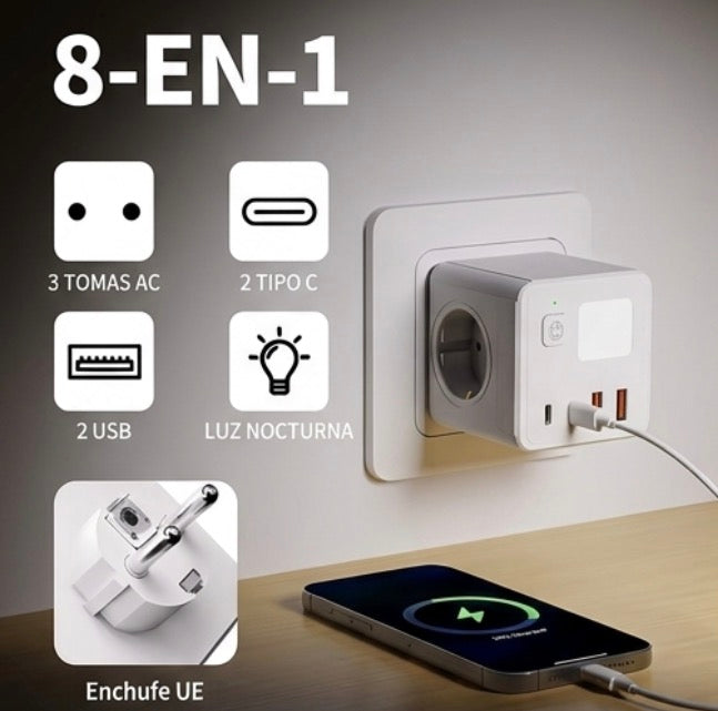 1 regleta UE, 3 enchufes de CA, 2 puertos USB y 2 puertos tipo C y con una pequeña luz nocturna de 3 colores.