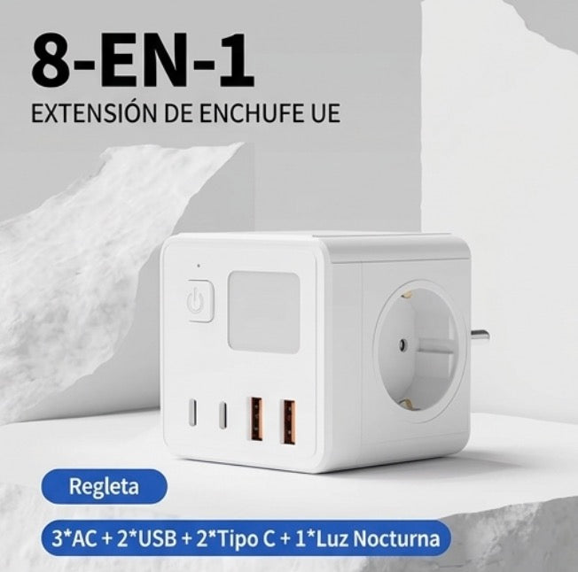 1 regleta UE, 3 enchufes de CA, 2 puertos USB y 2 puertos tipo C y con una pequeña luz nocturna de 3 colores.