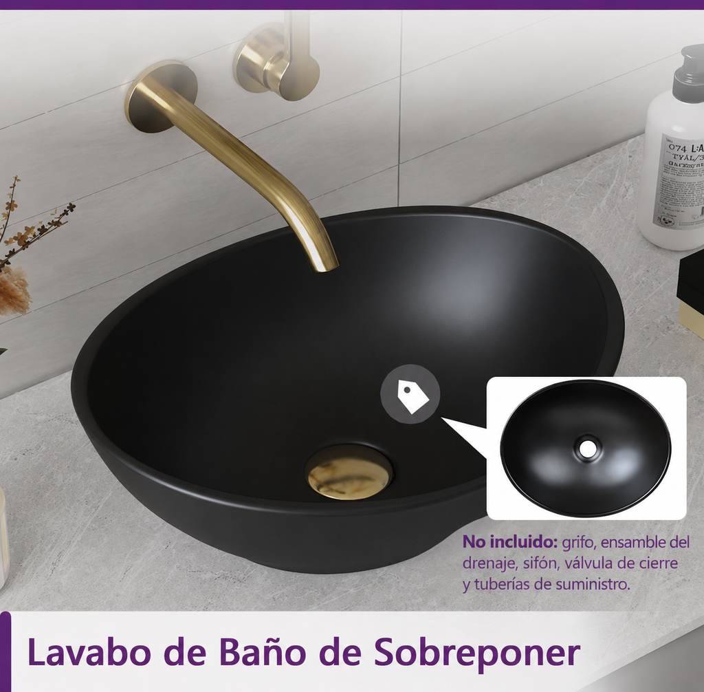 Lavabo Ovalado sobre Encimera de Cerámica Negra Artística