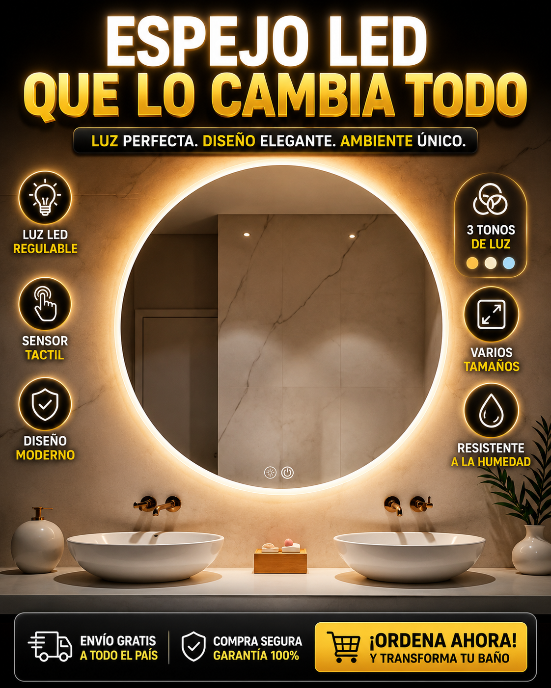 Espejo de Baño LED Antivaho Regulable (3 Colores)