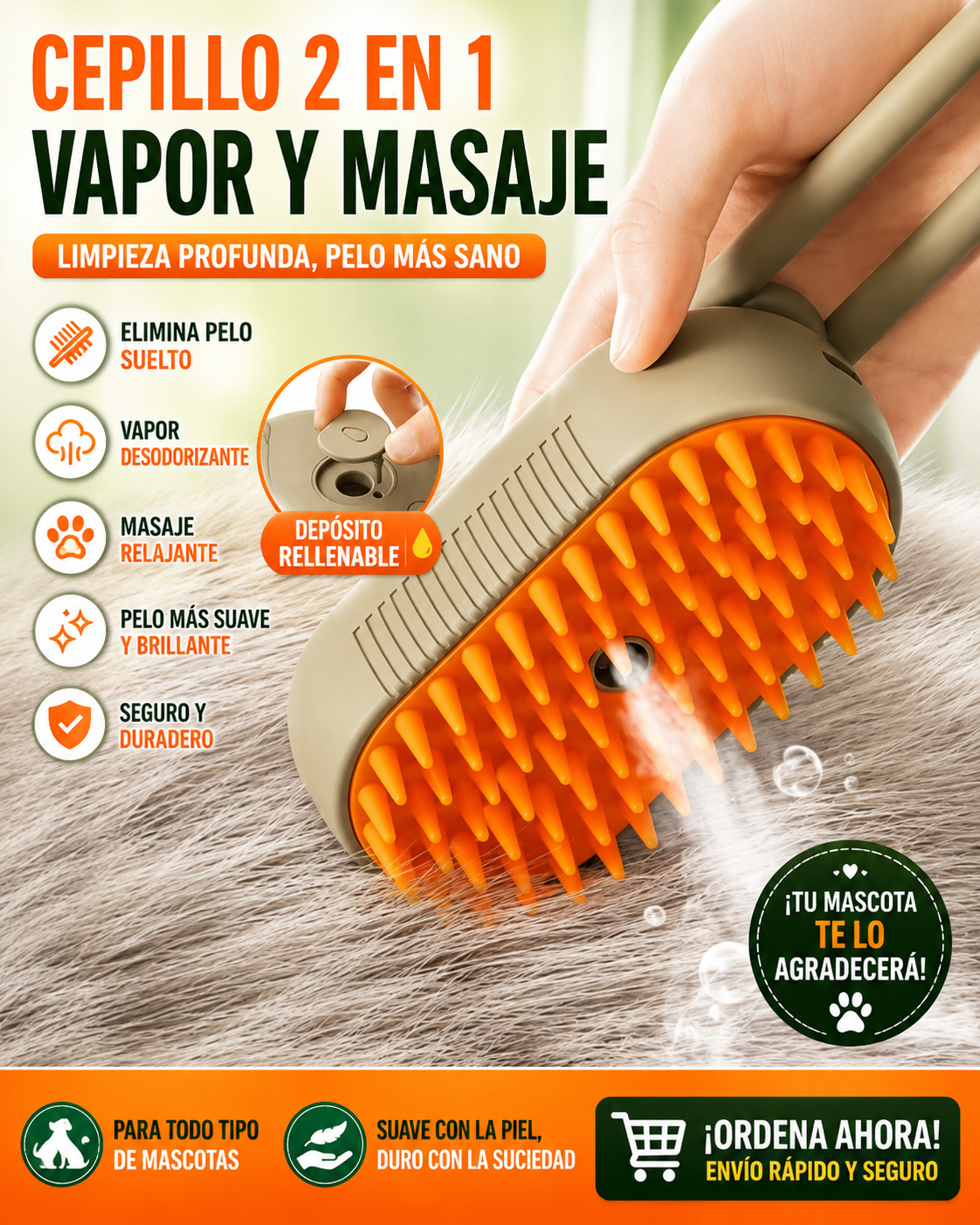 Cepillo de Vapor 3 en 1 para Perros y Gatos con Pulverizador