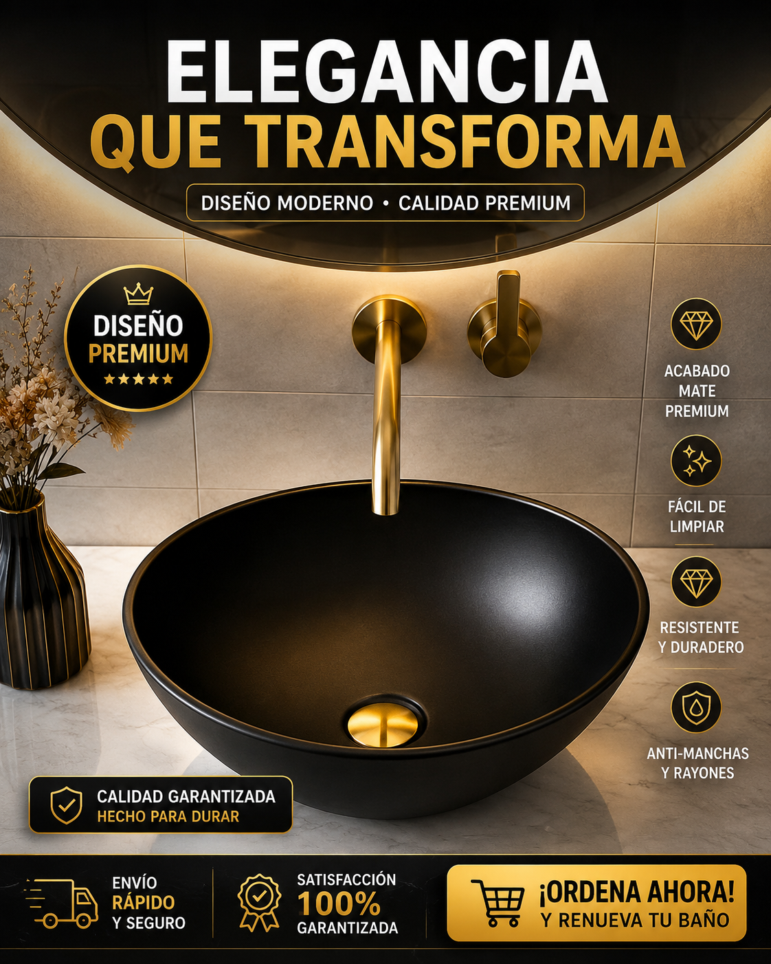 Lavabo Ovalado sobre Encimera de Cerámica Negra Artística
