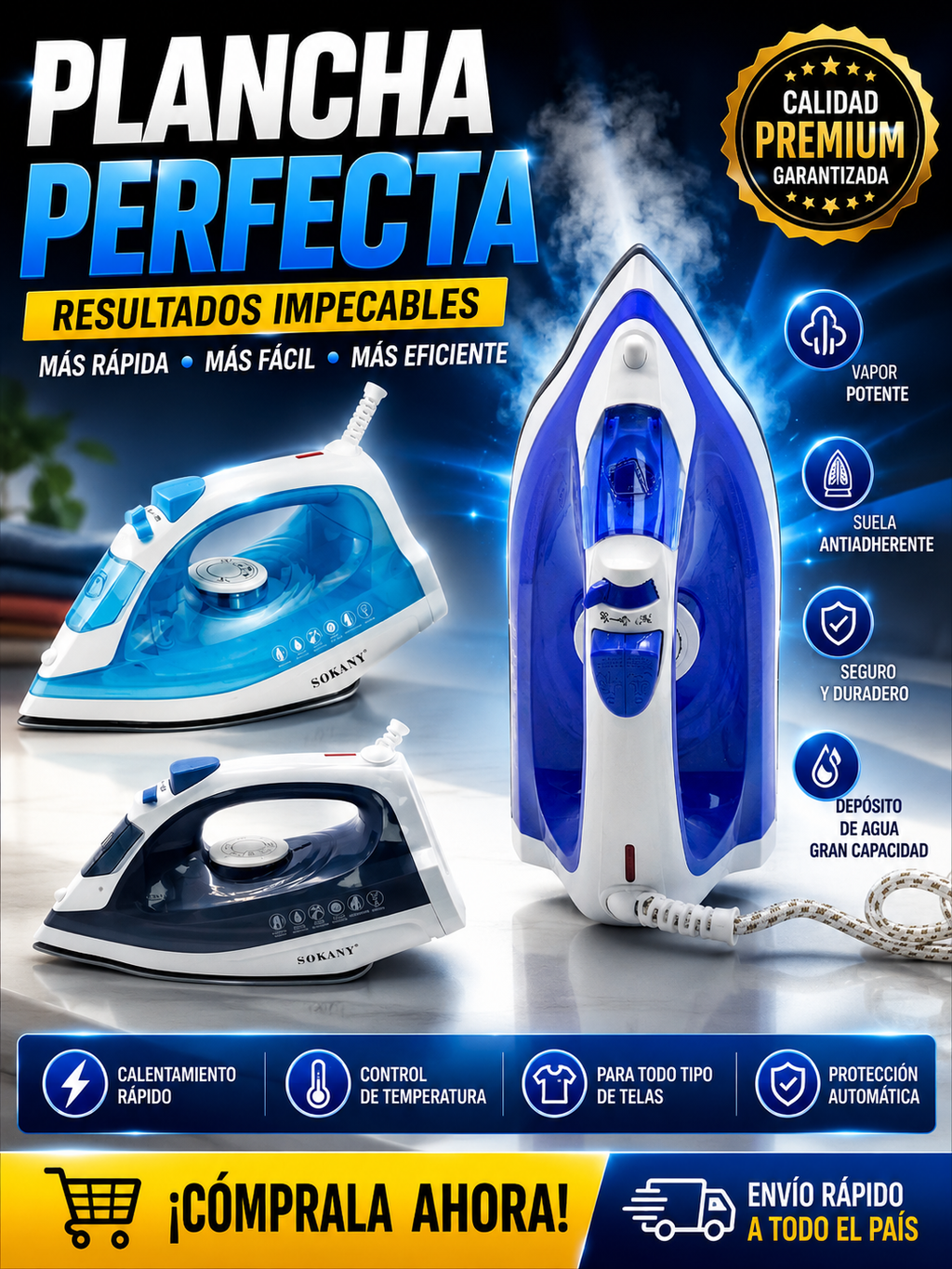 Plancha de Vapor Eléctrica 1600W con Suela Antiadherente