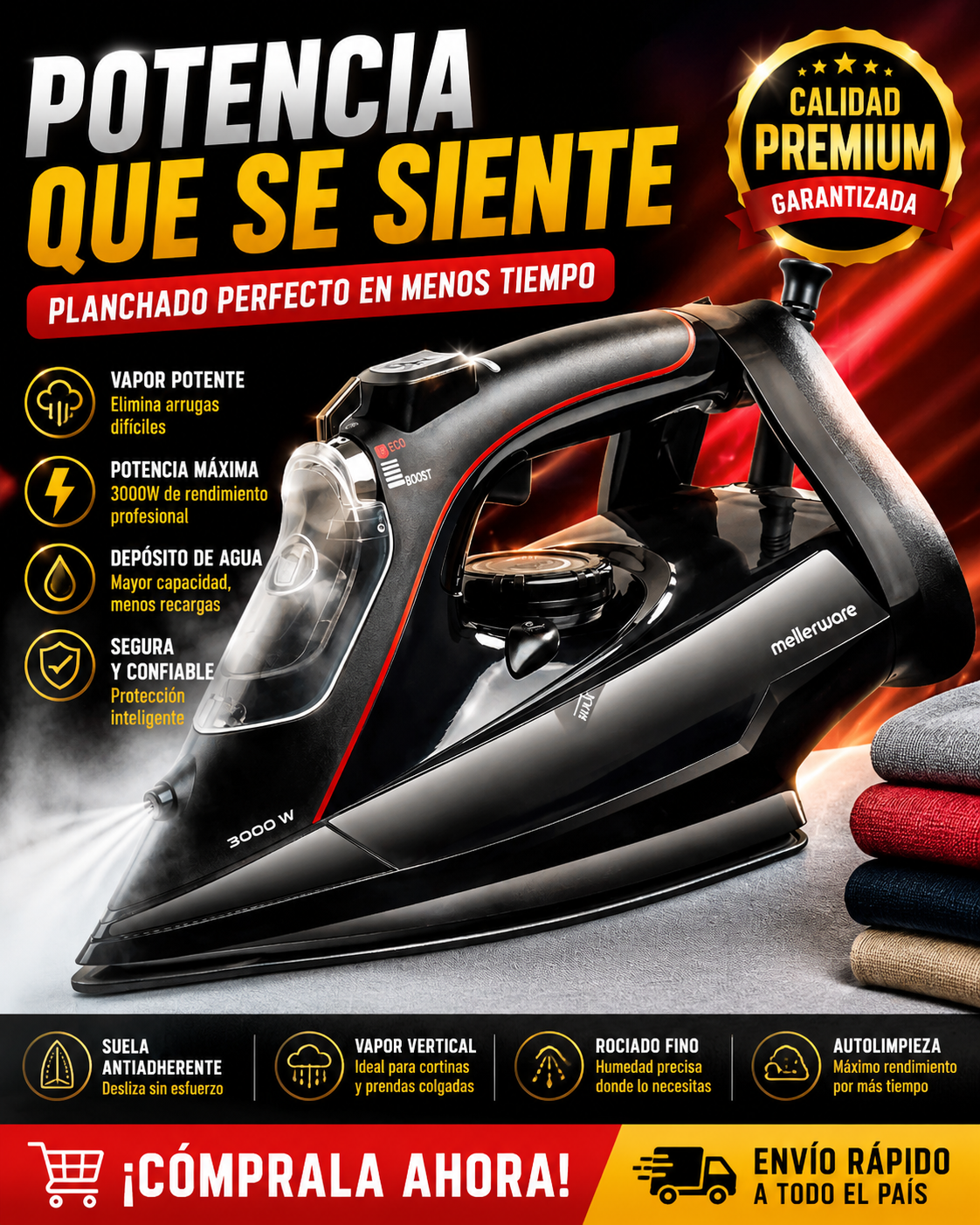 Plancha de Vapor para Ropa Mellerware Steezy! (3000W / Planchado en Seco)