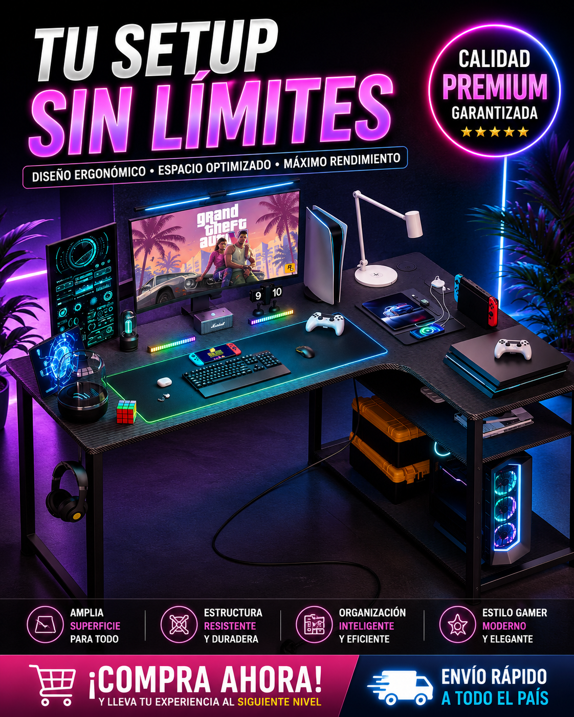 Escritorio Gaming en L COMHOMA de 120 cm (con Tomas de Corriente y USB)