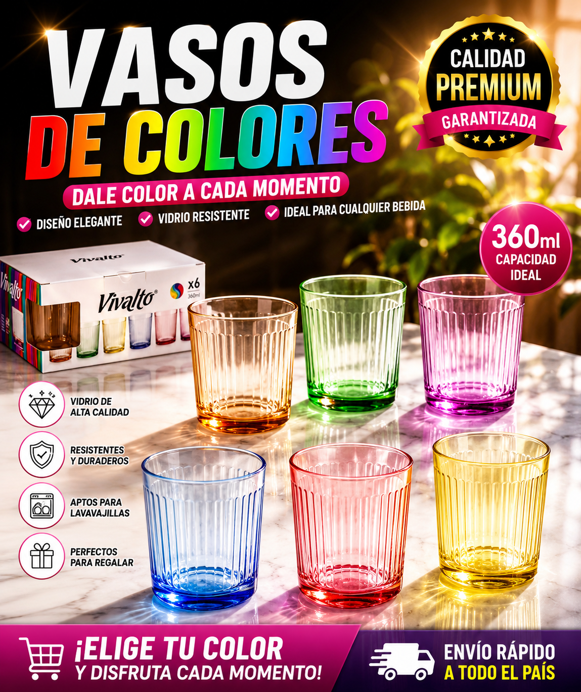 Pack de 6 Vasos de Cristal de Colores (360 ml)
