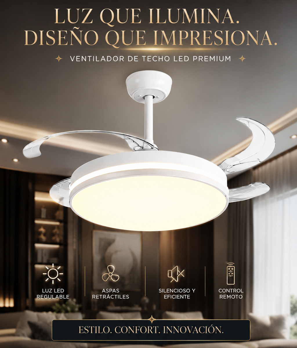 Ventilador de Techo con Luz LED y Aspas Retráctiles