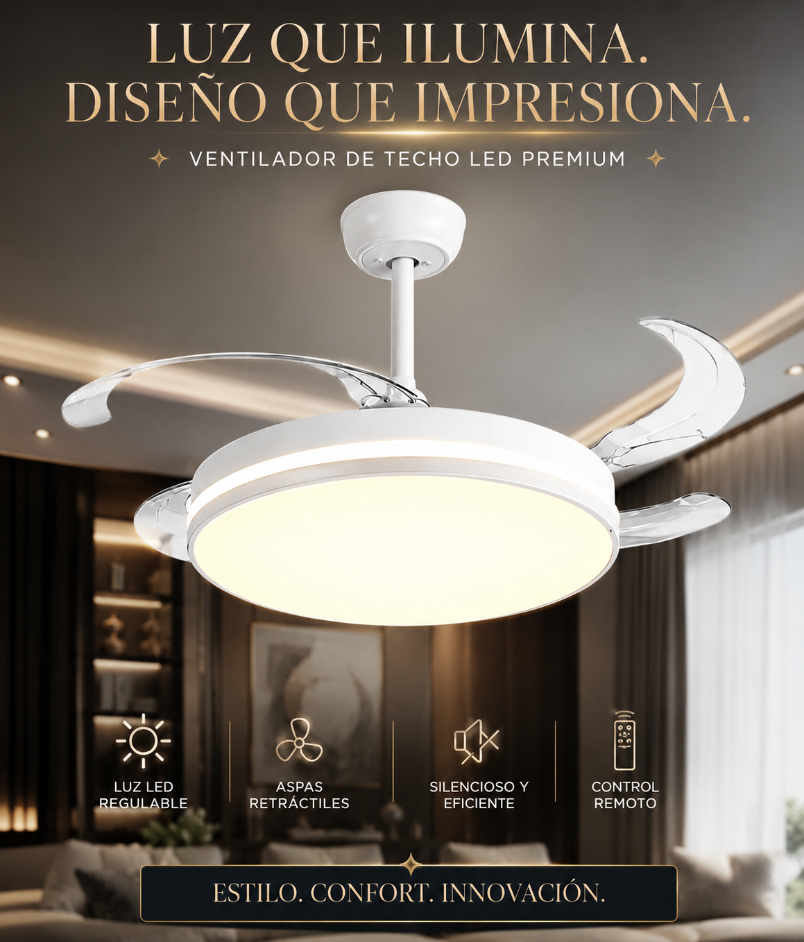 Ventilador de Techo con Luz LED y Aspas Retráctiles